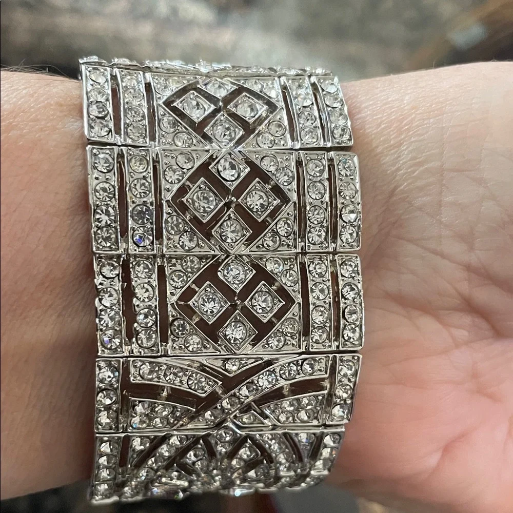 Silver Geometric Crystal Art Deco Cuff Stretch Bracelet